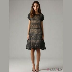 Donna Ricco New York Black Lace Sheath Dress Nude Lining Size 10 Short Sleeve